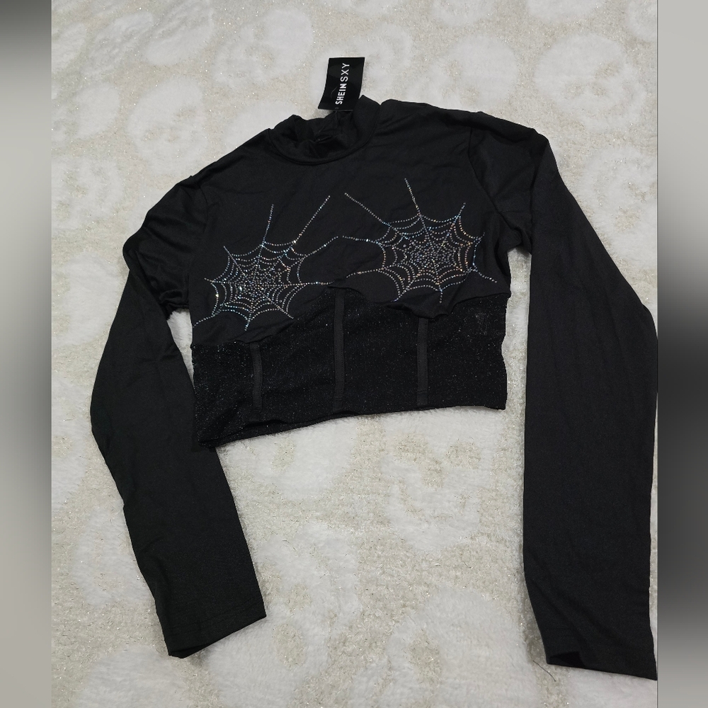 SHEIN Black Crop Top with Spider Web Detail